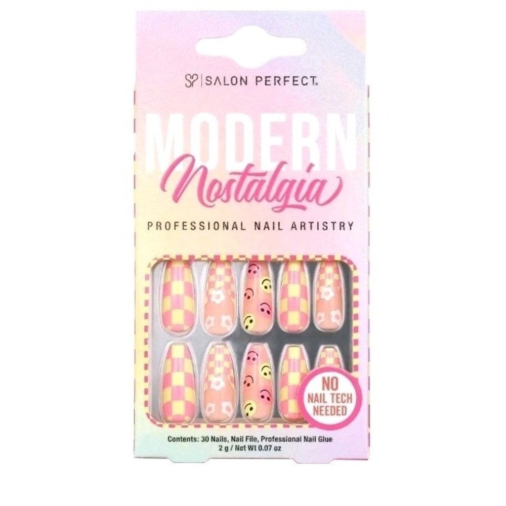 3pack Salon Perfect Press On Nails Modern Nostalgia Y2K Checkers Daisy & French - Picture 4 of 4